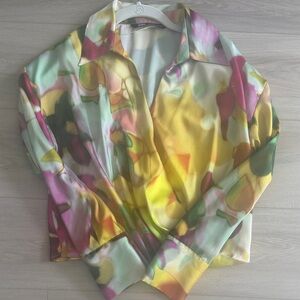Zara Multicolor Watercolor Satin Blouse - Yellow, Pink, Green